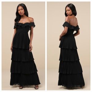 Lulus Always Remarkable Black Pleated Off-the-Shoulder Maxi
Dress